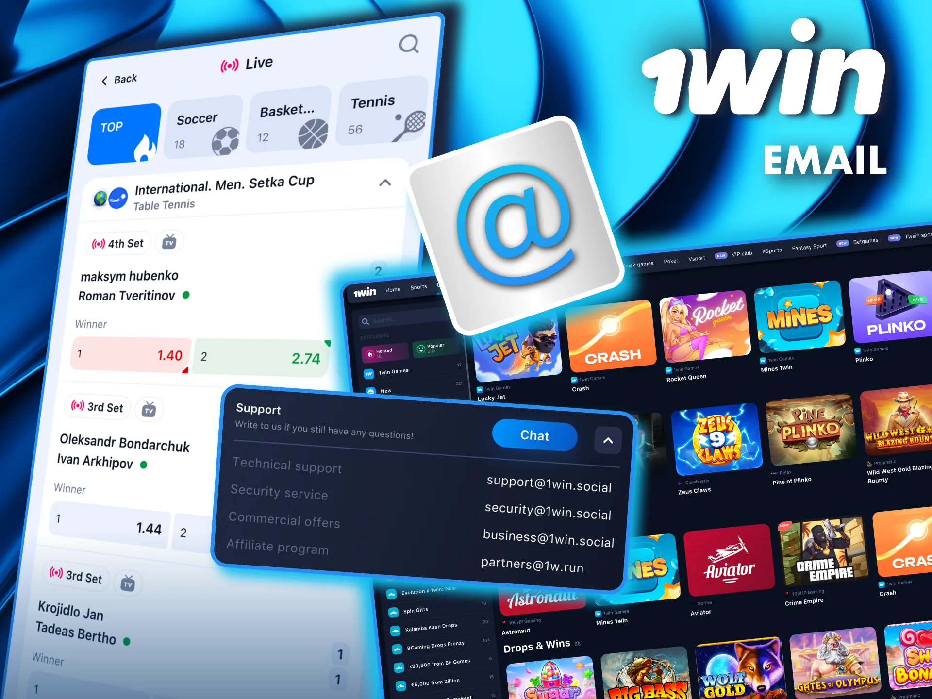 1Win offers multiple email options for technical support, security matters, and partnership discussions.
