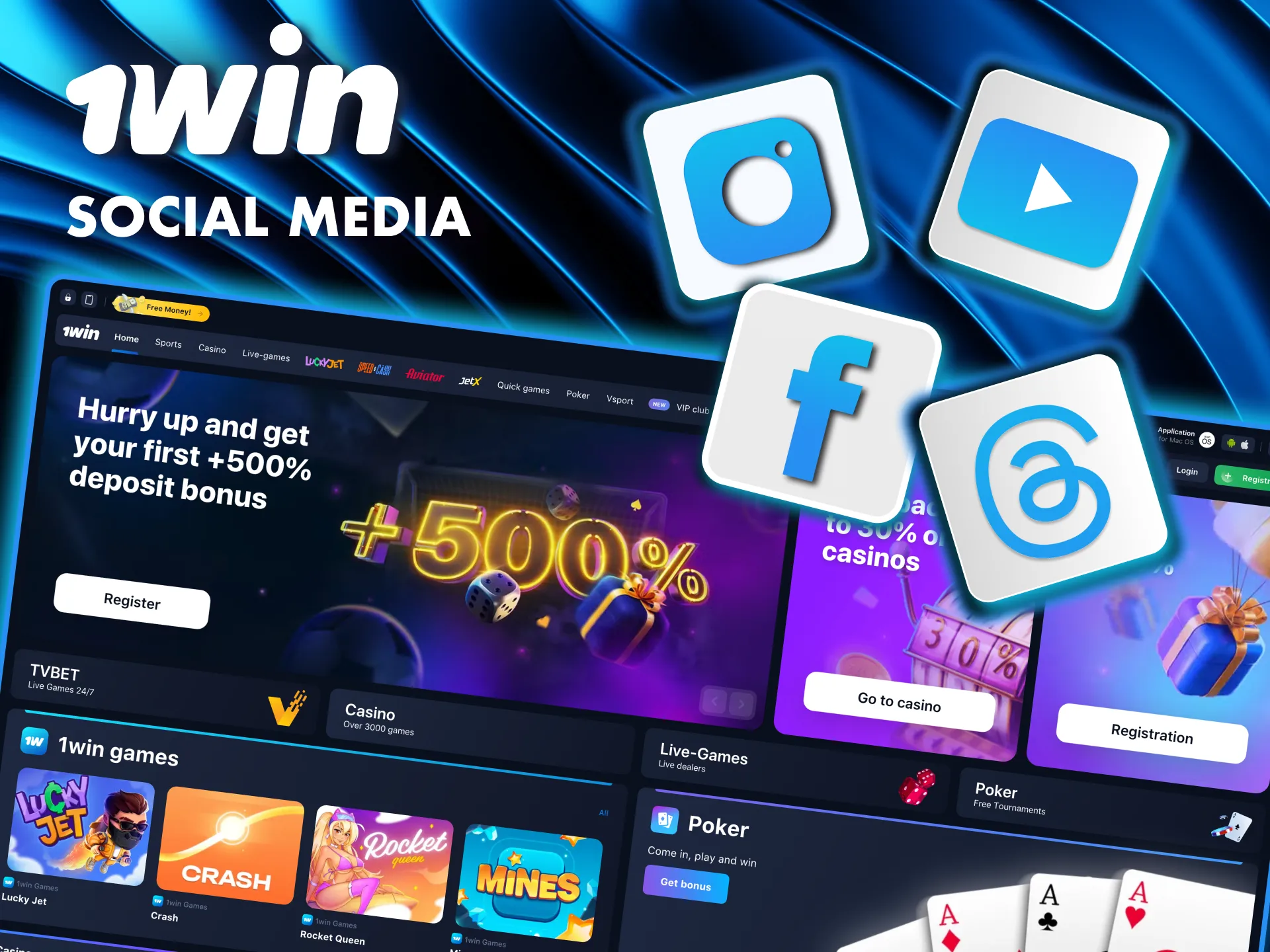 Stay connected with 1Win on Instagram, Facebook, Threads, and YouTube.