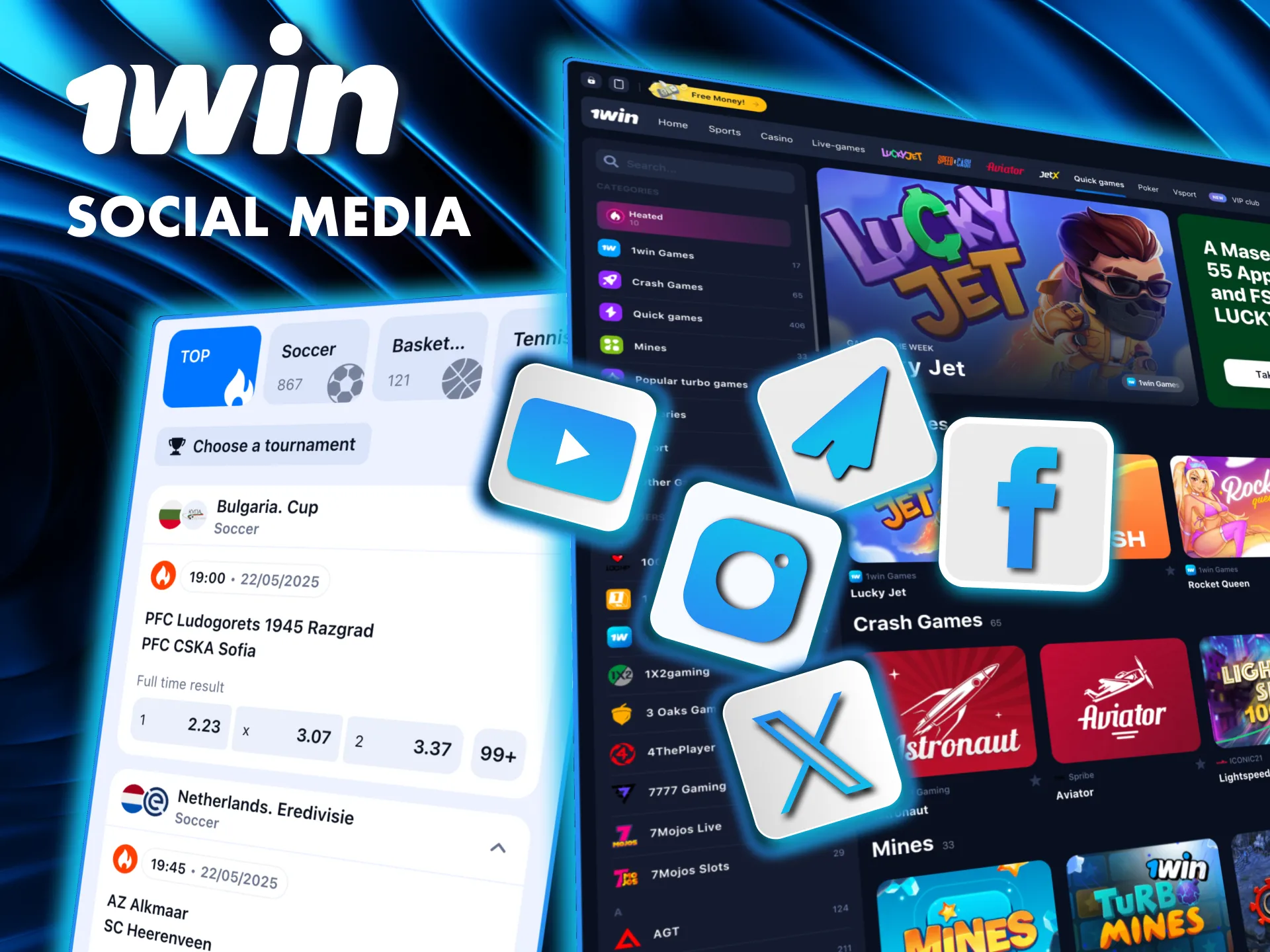 1Win connects with users on Instagram, YouTube, WhatsApp, Facebook, Telegram, and X.