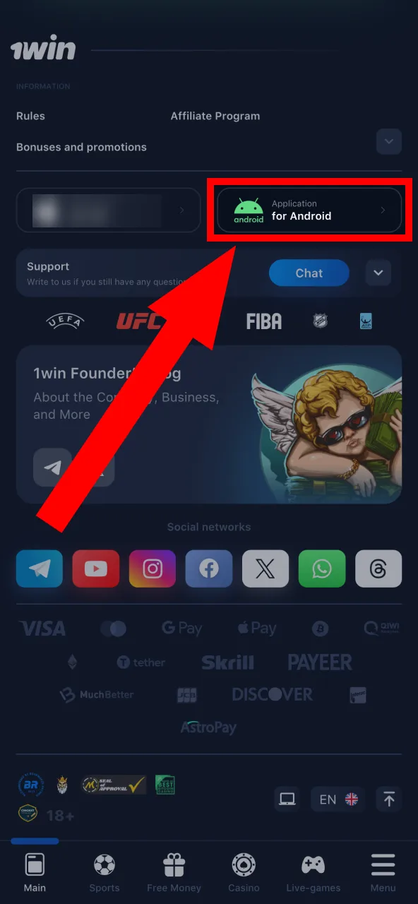 Initiate the 1Win APK download with a tap on Android.