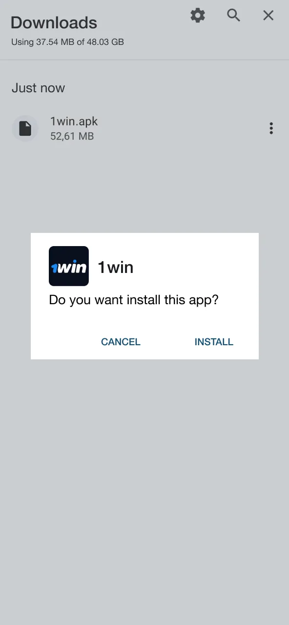 Begin installation by selecting the 1Win APK file.
