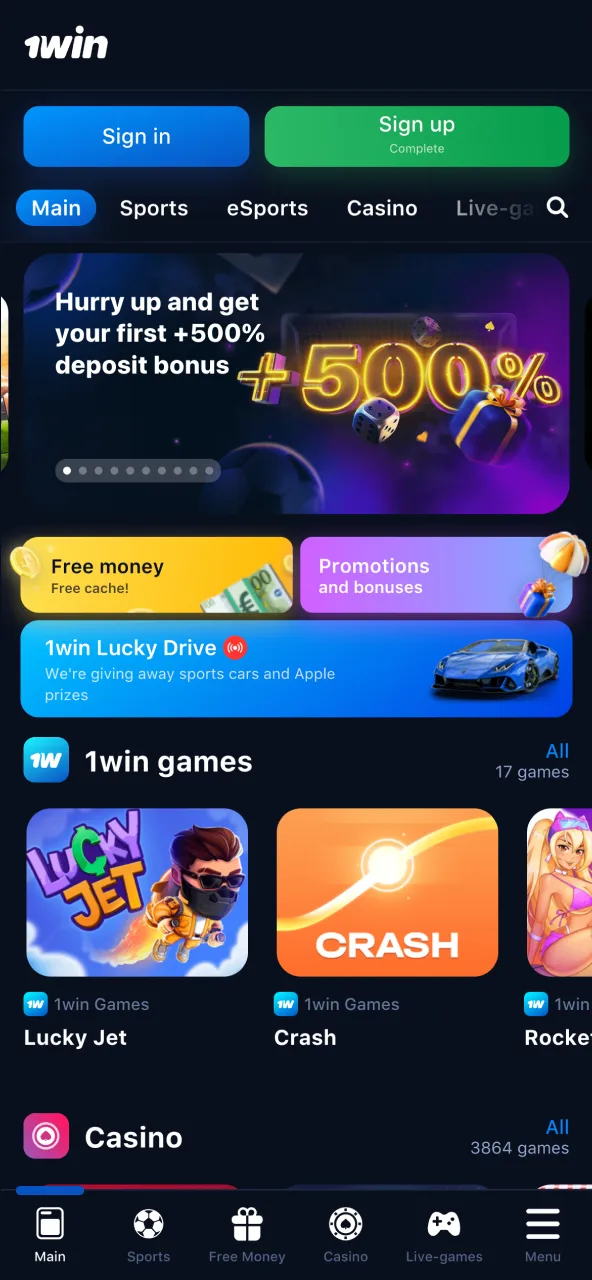 Browse the 1Win platform on your mobile device.