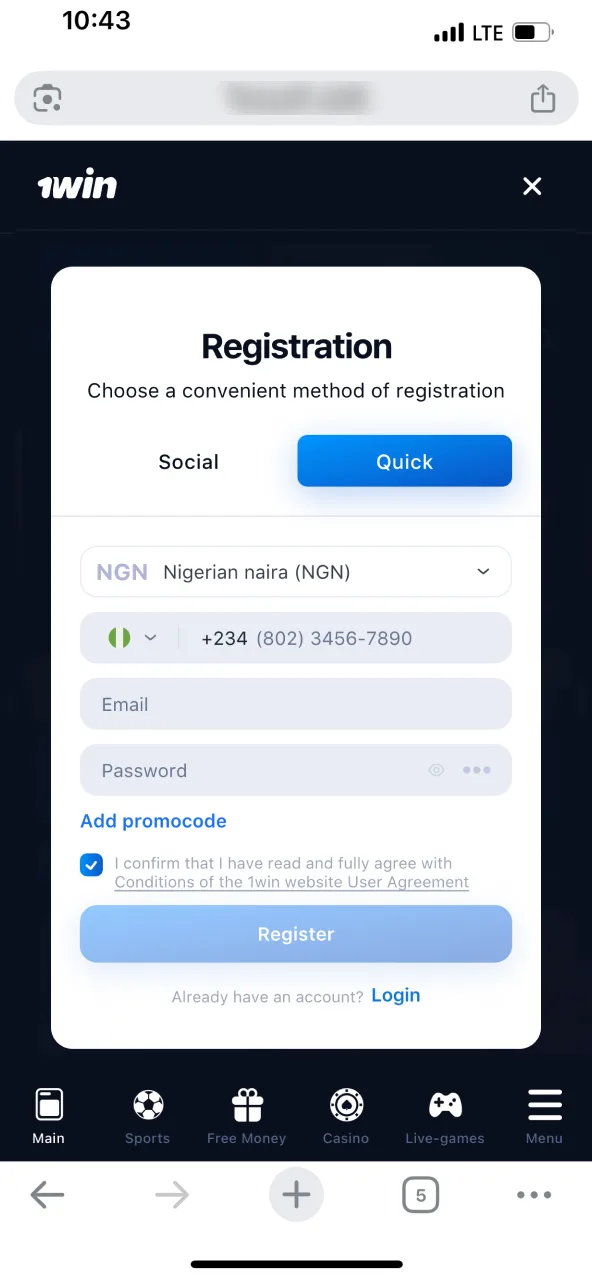 Create a 1Win profile or sign in to continue.