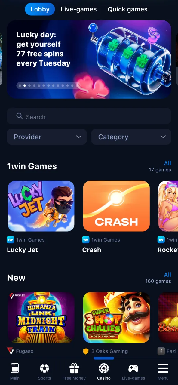Dive into the 1Win collection featuring, poker, and classic games.