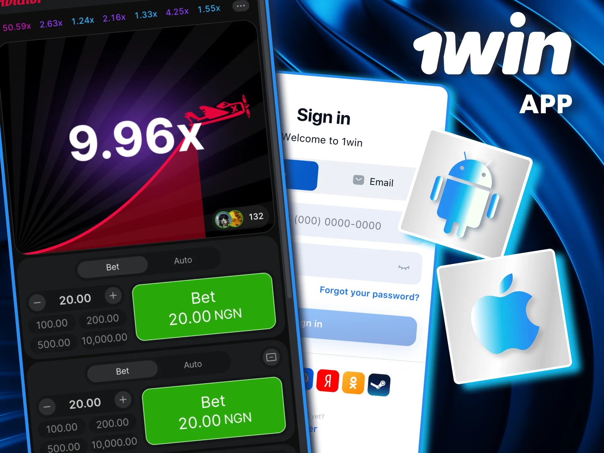 Play Aviator on your smartphone with the 1Win app available for Android and iOS.