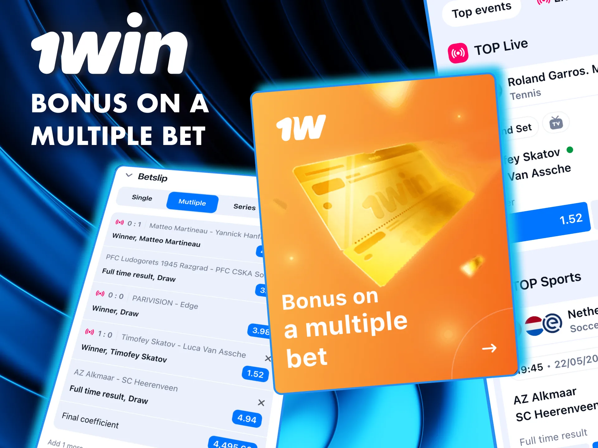 Place a multiple bet at 1Win and enjoy bonus percentages that grow.