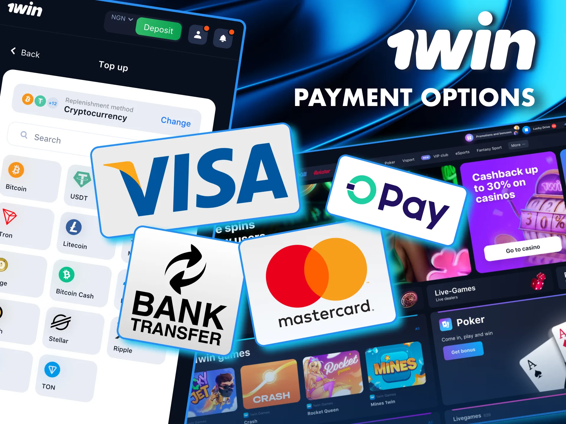 Deposit and withdraw seamlessly at 1Win using Visa, Mastercard, and cryptocurrency.