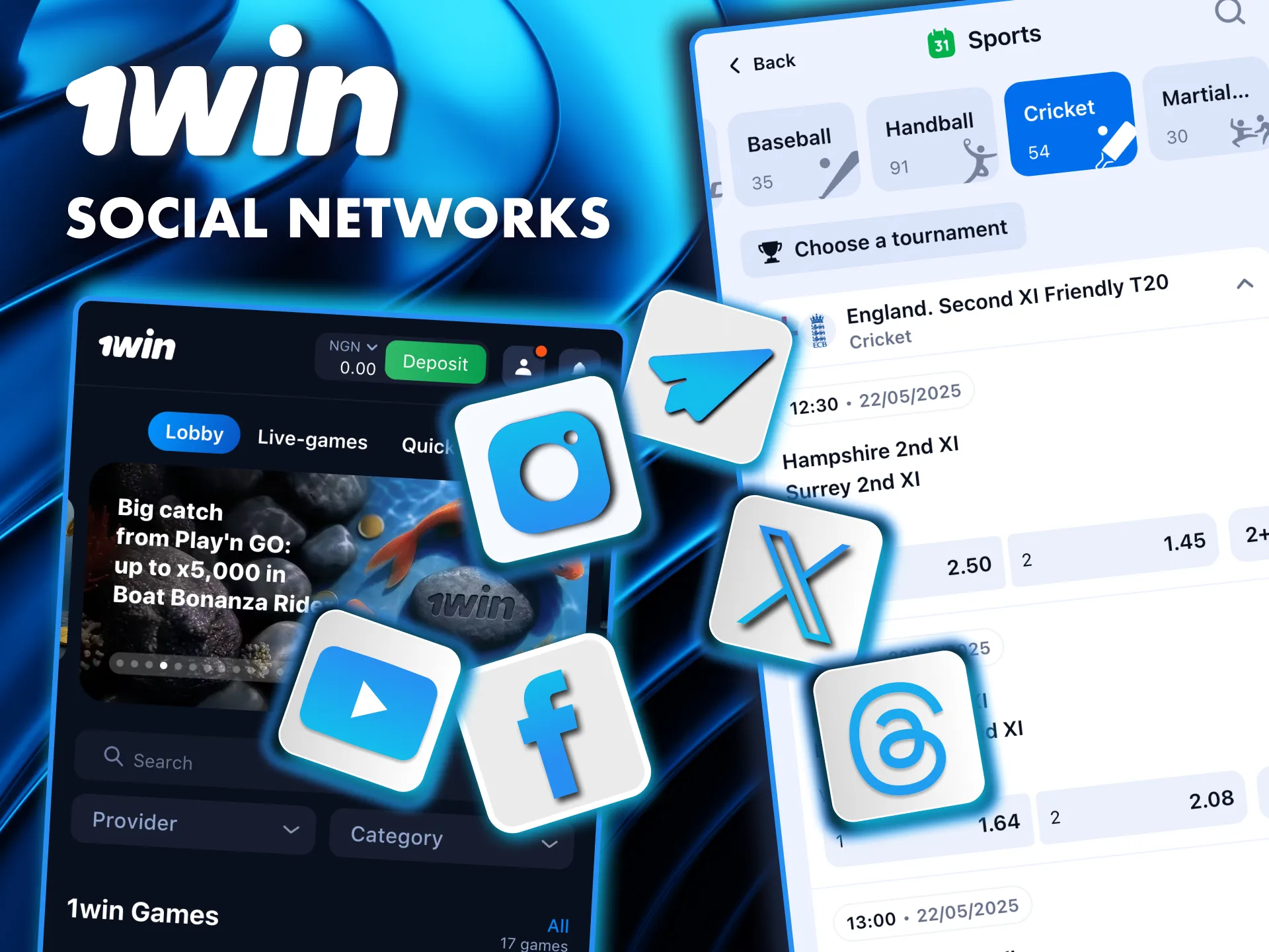 Join the 1Win community on Telegram, Instagram, X, Facebook, YouTube, and Threads.