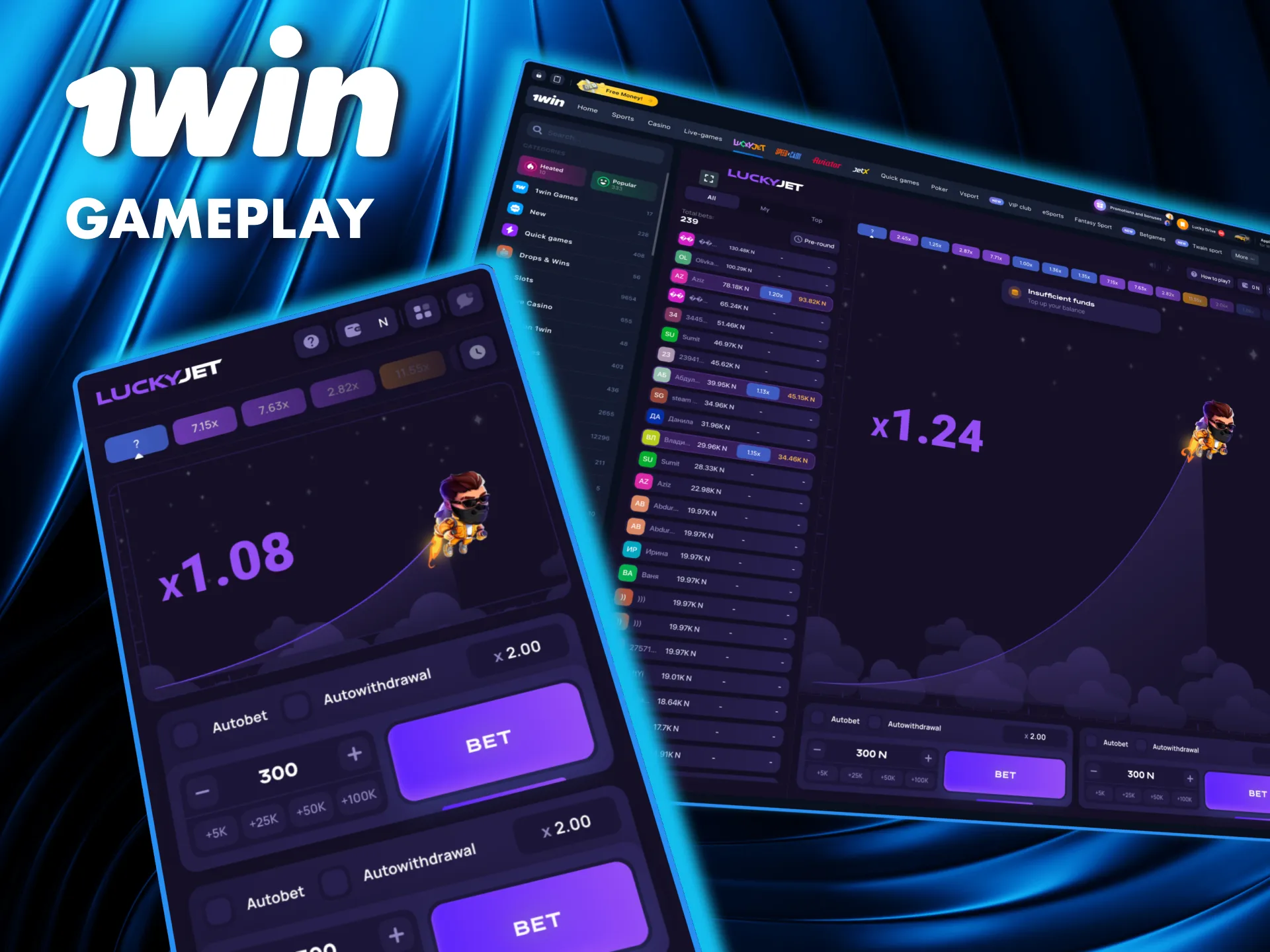 Play Lucky Jet at 1Win by betting, monitoring the multiplier.