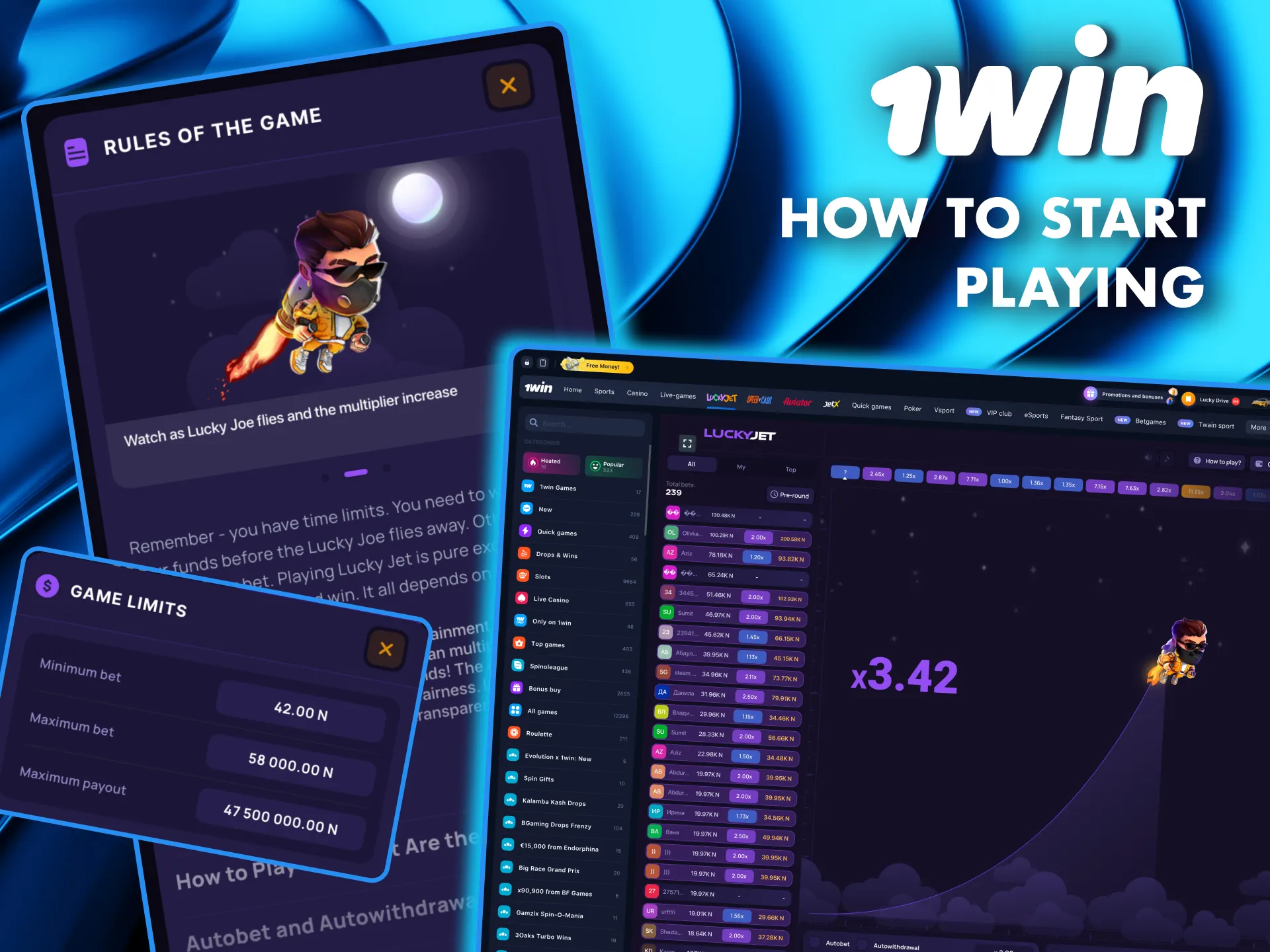 Get into Lucky Jet at 1Win by signing up, making a deposit, and confirming your bet.