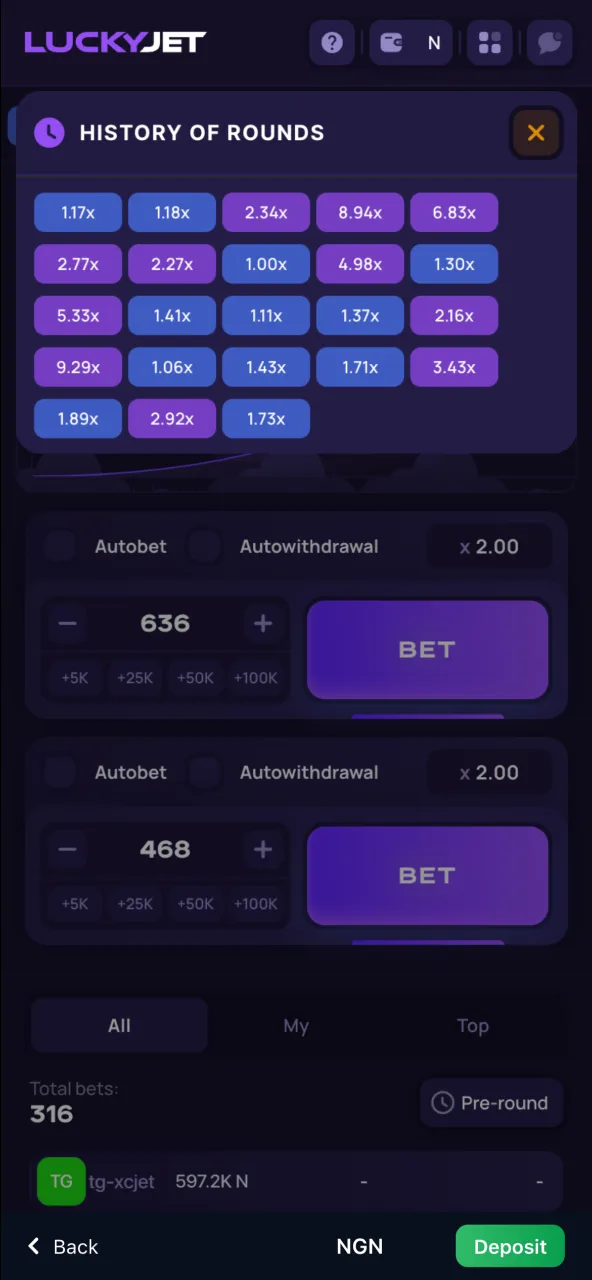 Review your past rounds in 1Win Lucky Jet through the game history section.