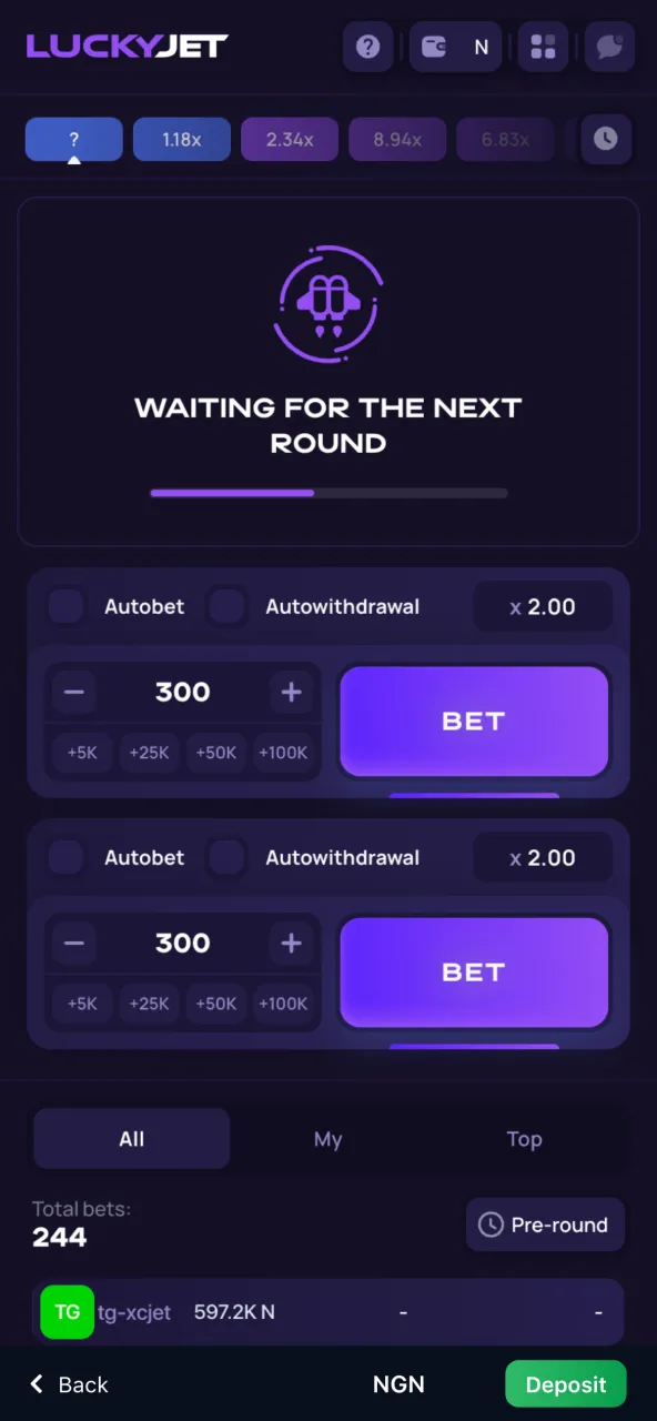 A moment of suspense fills 1Win Lucky Jet while players get ready for their next chance.