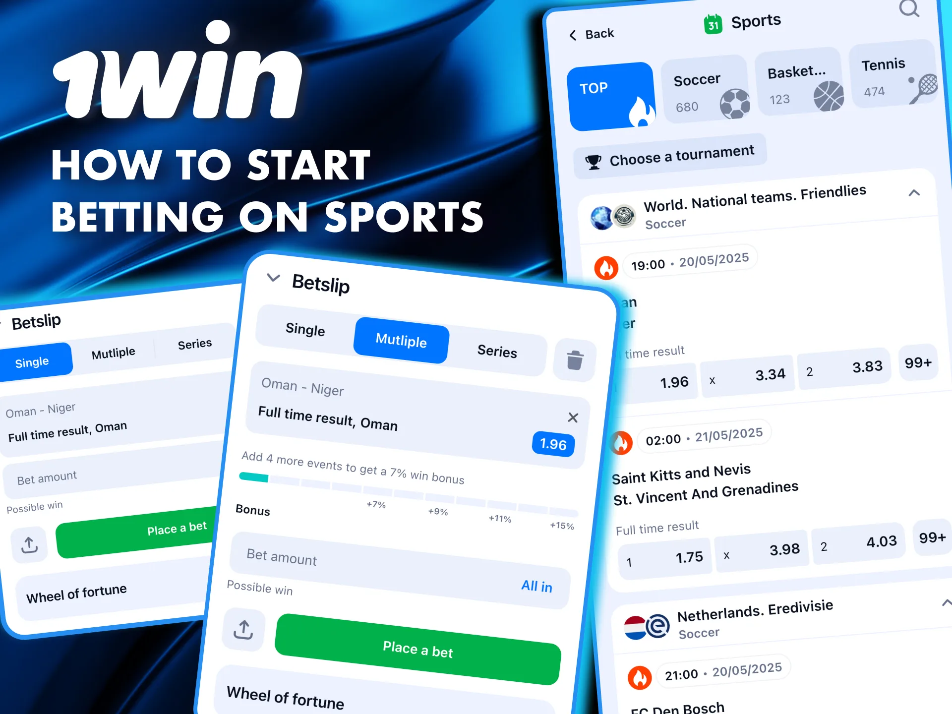 Choose a match, set your stake, and confirm your bet at 1Win.