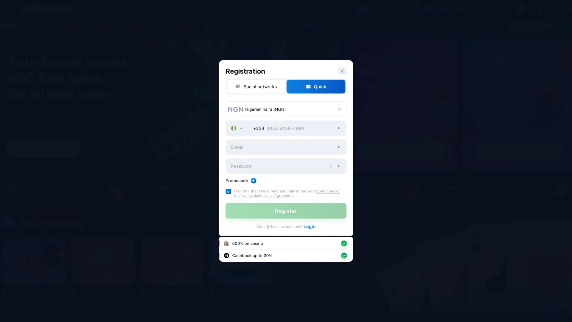 Create a 1Win account by filling in the registration details.