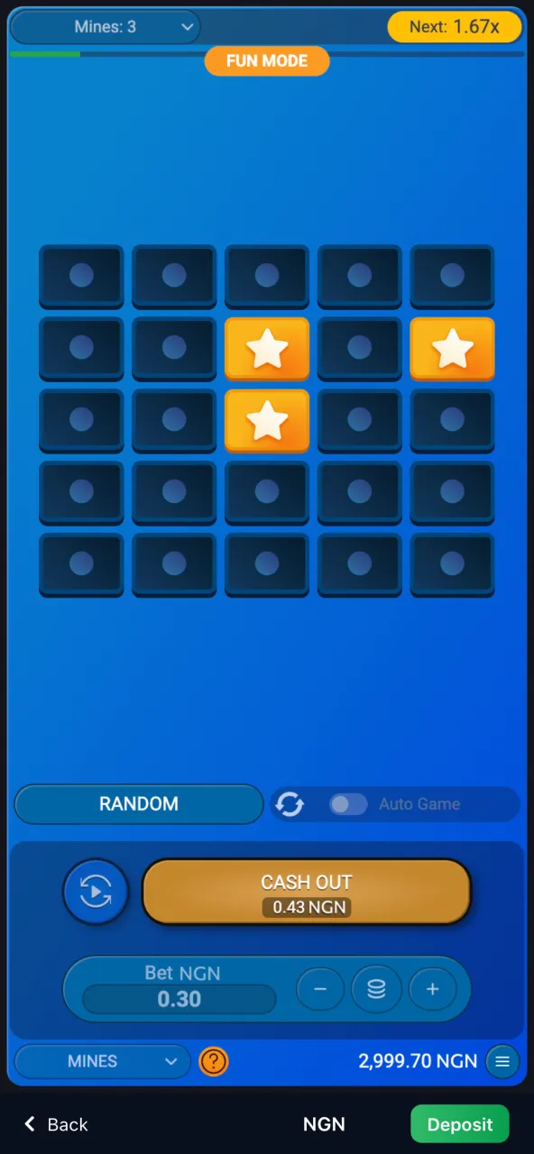 Start playing 1Win Mines by placing your bet and selecting the difficulty level.