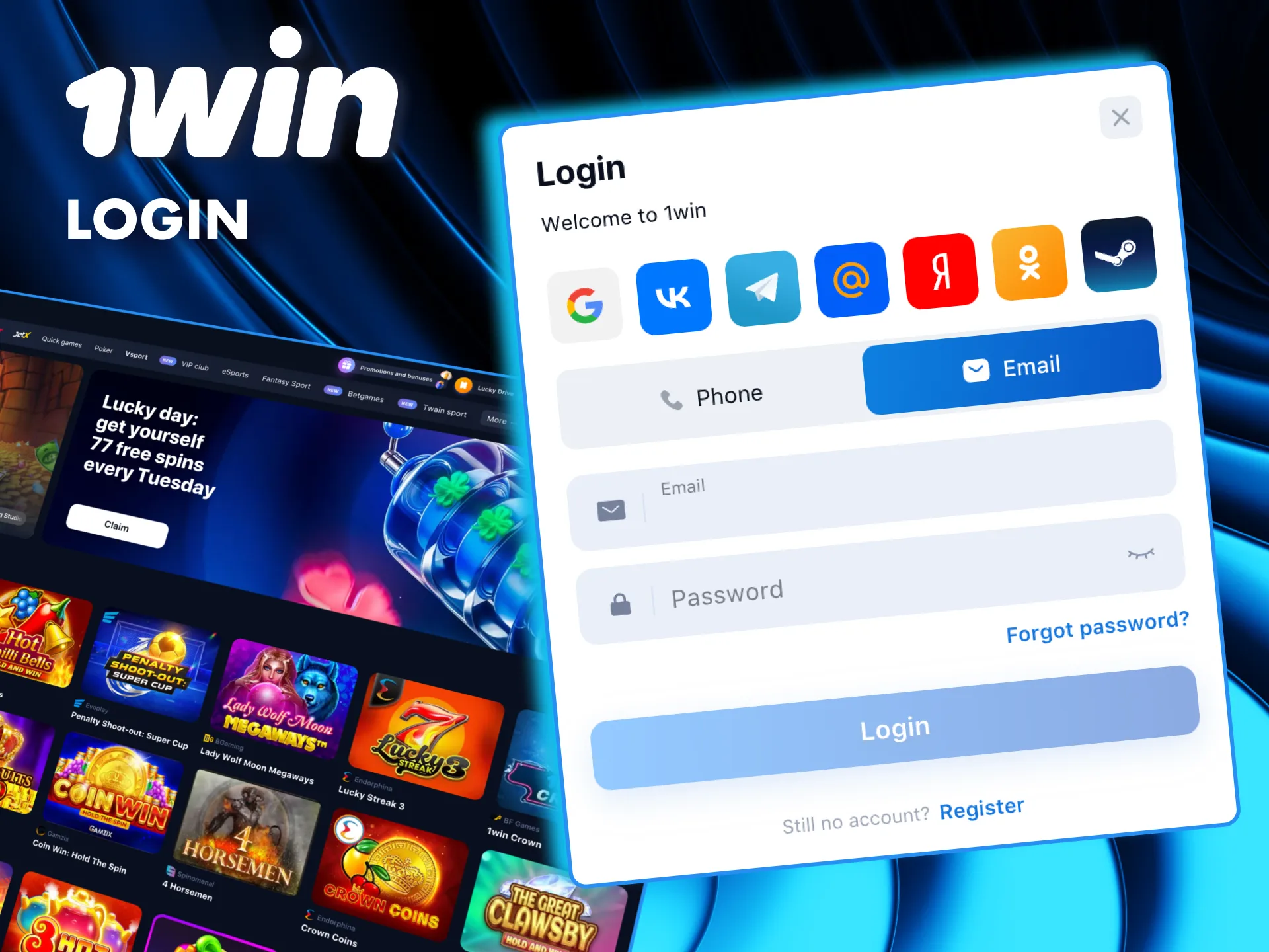 1Win PC login is simple click the button, enter your details.