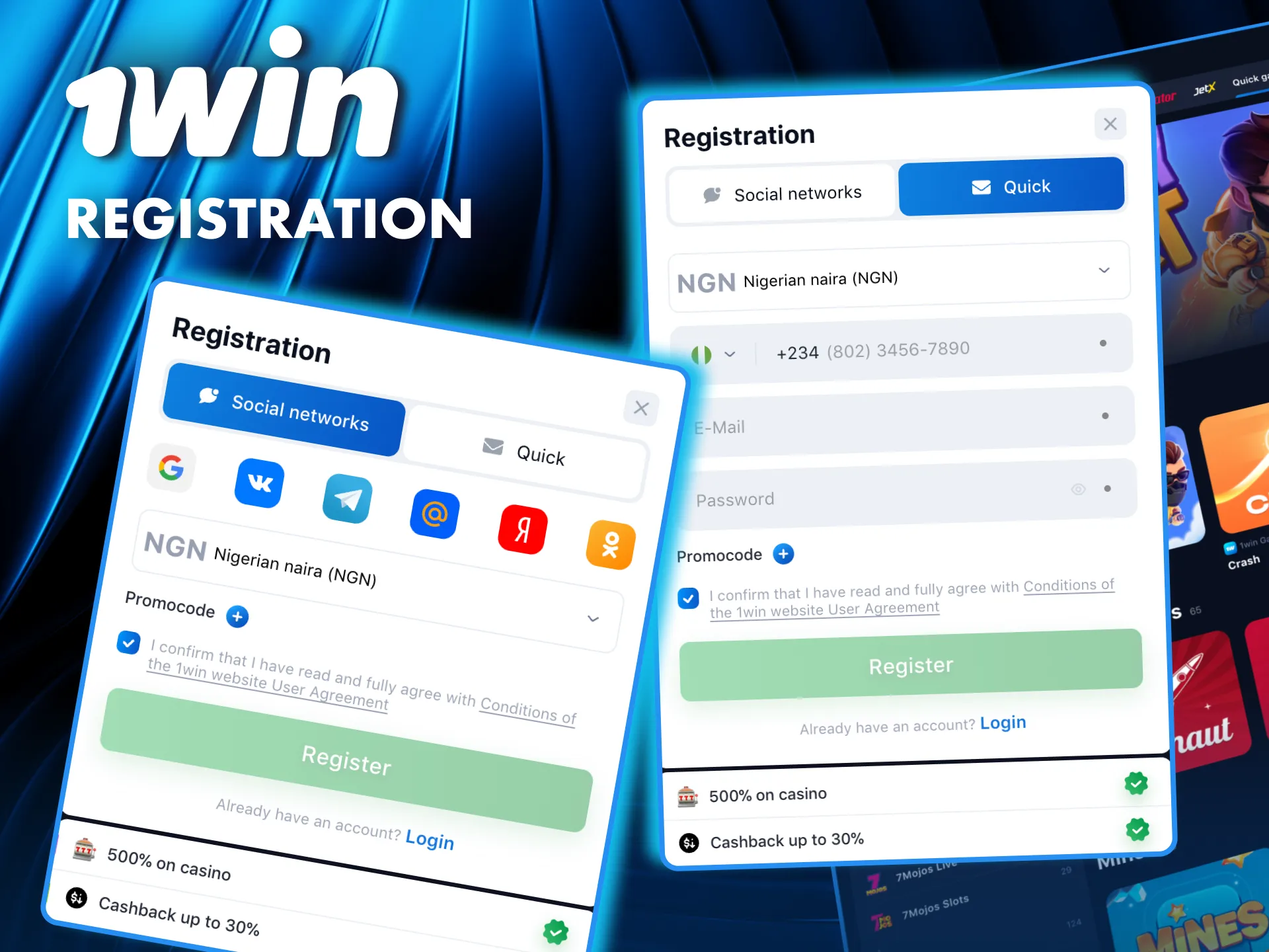 Create your 1Win account on PC enter your details, set a password, and start playing.