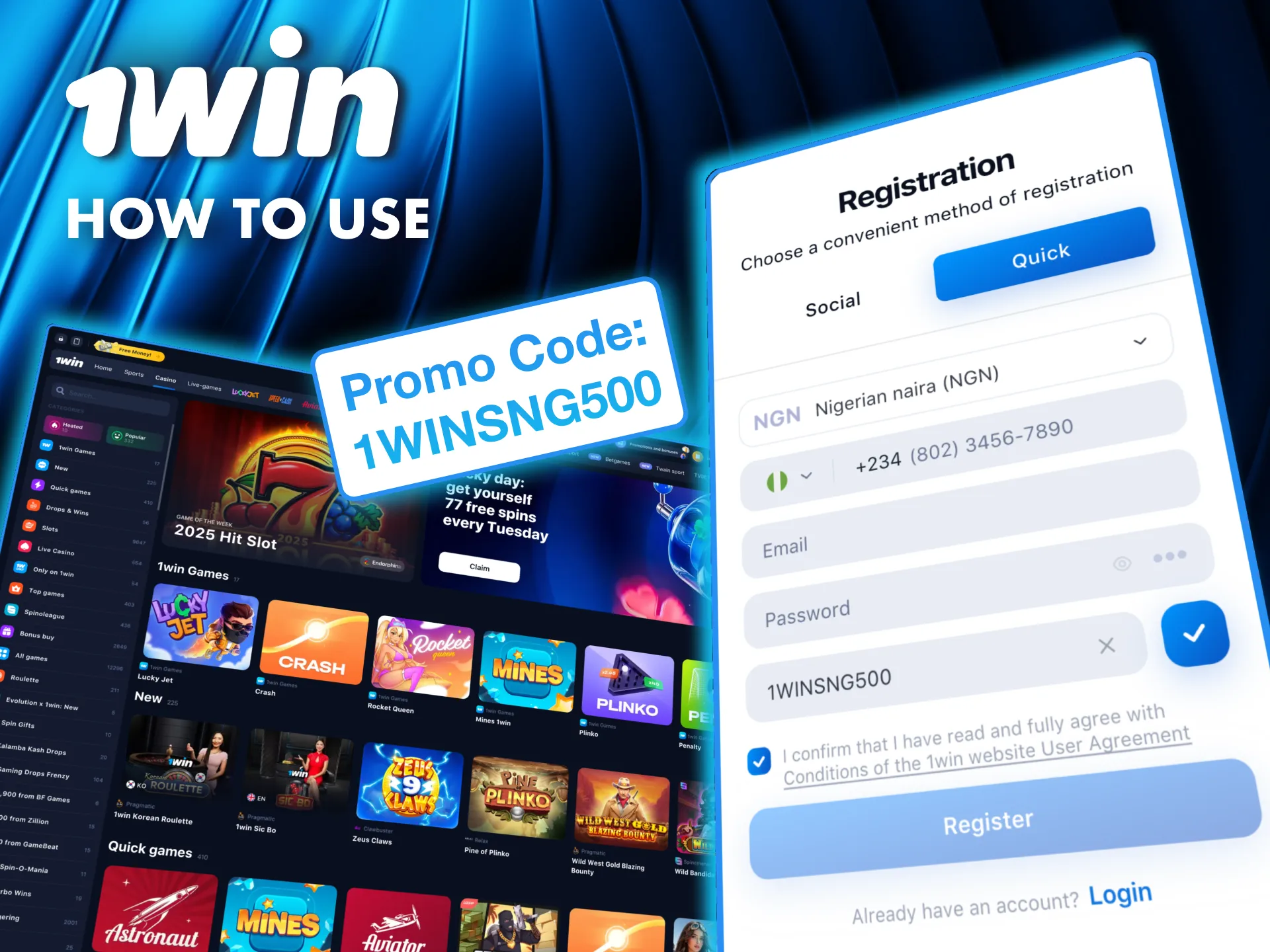 Claim your 1Win bonus by pasting the promo code in the registration form and confirming account.