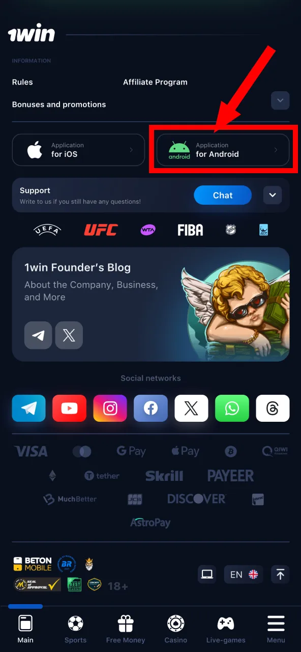 Click to download the 1Win APK file and follow the setup instructions.