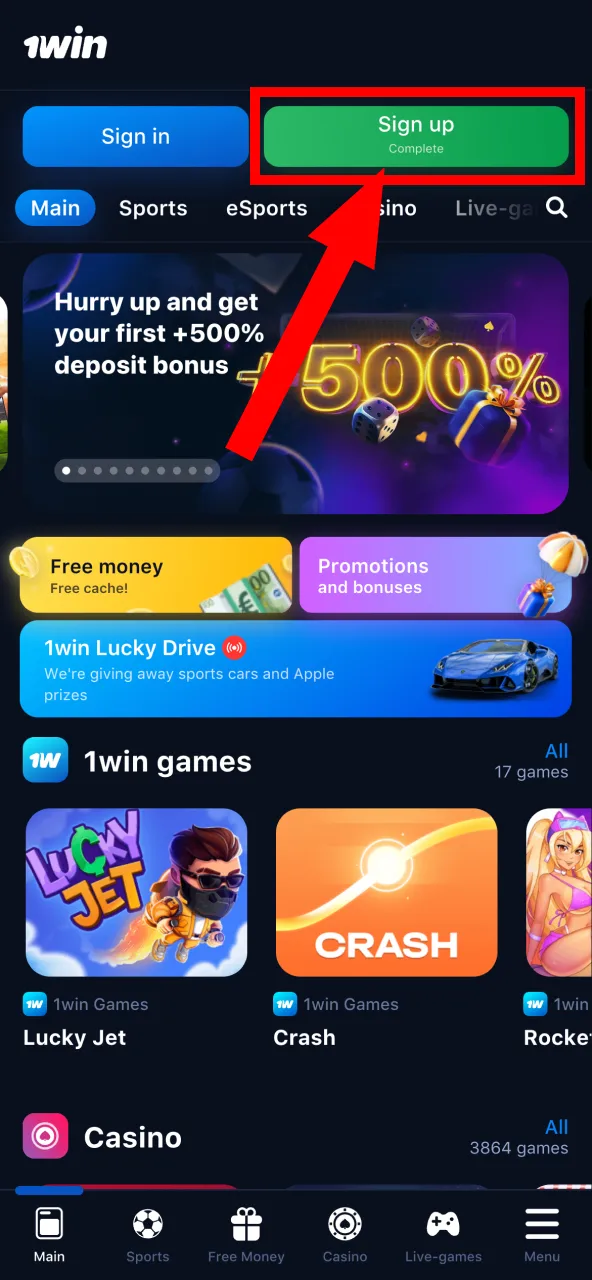 Open the 1Win application and click Register to create your account.