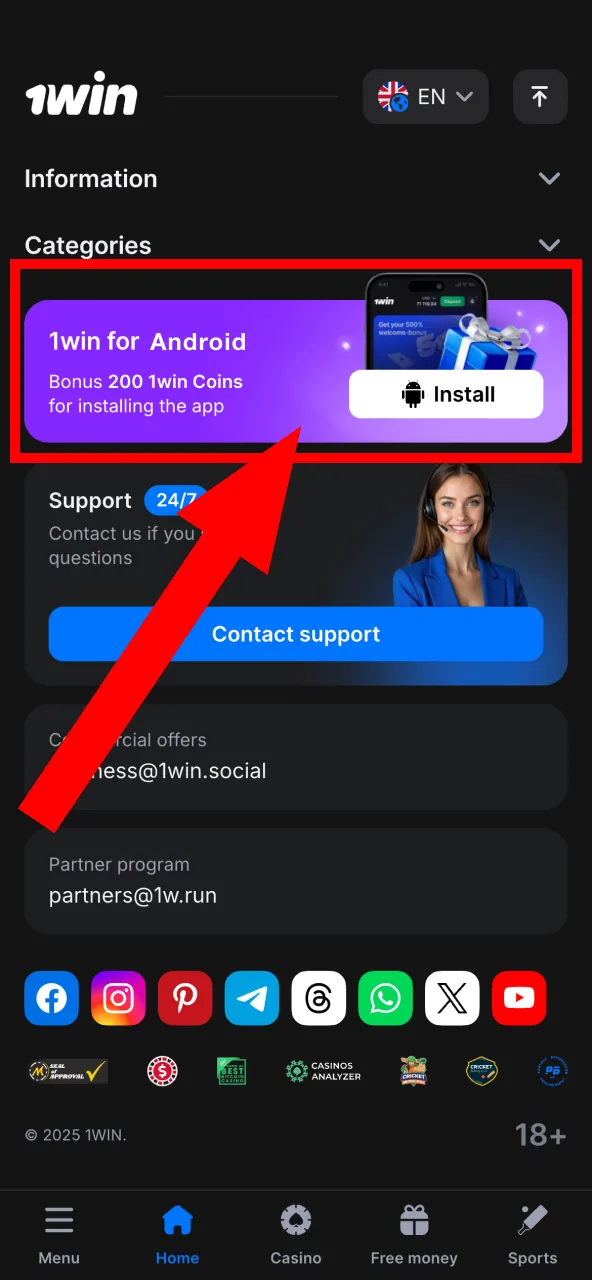 Initiate the 1Win APK download with a tap on Android.