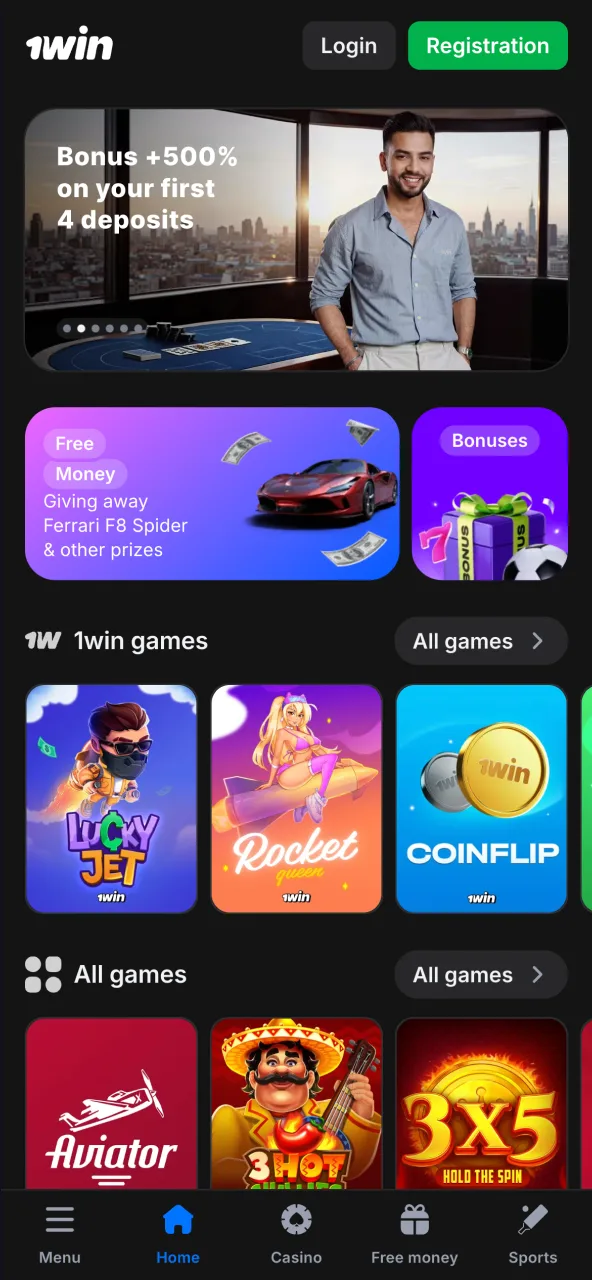 The 1Win home screen showcases the latest matches, bonuses, and top-tier gaming.