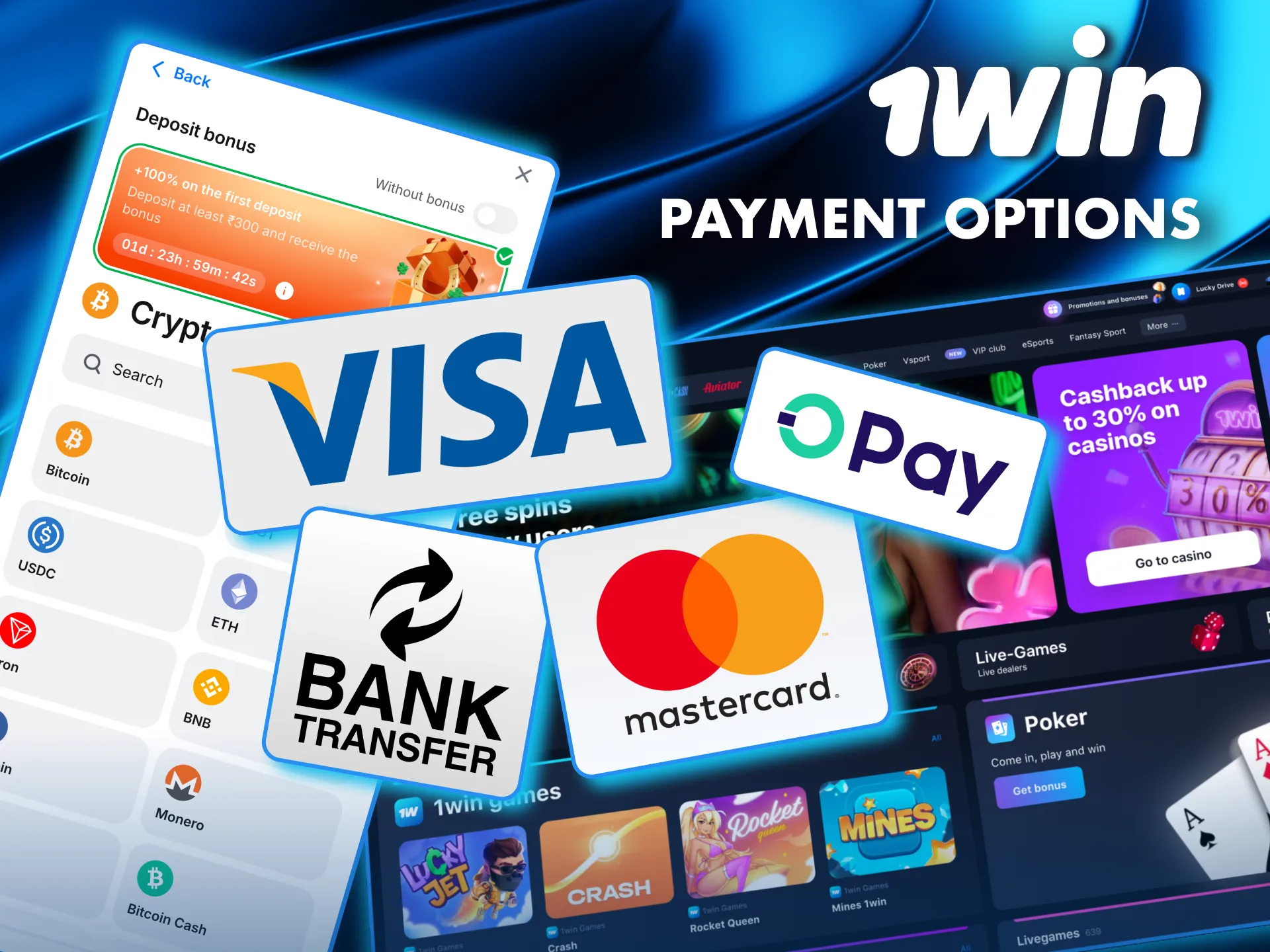 Deposit and withdraw seamlessly at 1Win using Visa, Mastercard, and cryptocurrency.