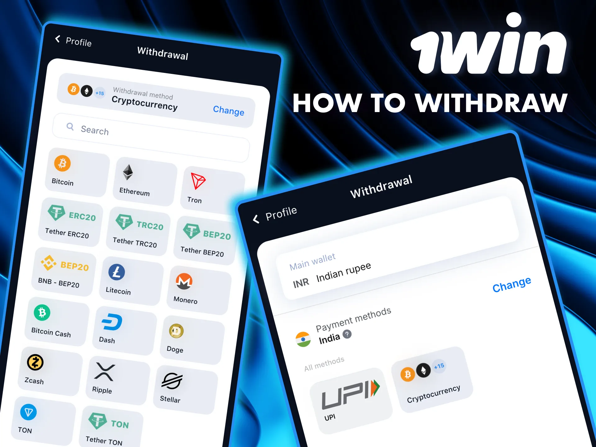 Cash out at 1Win India by following simple steps.