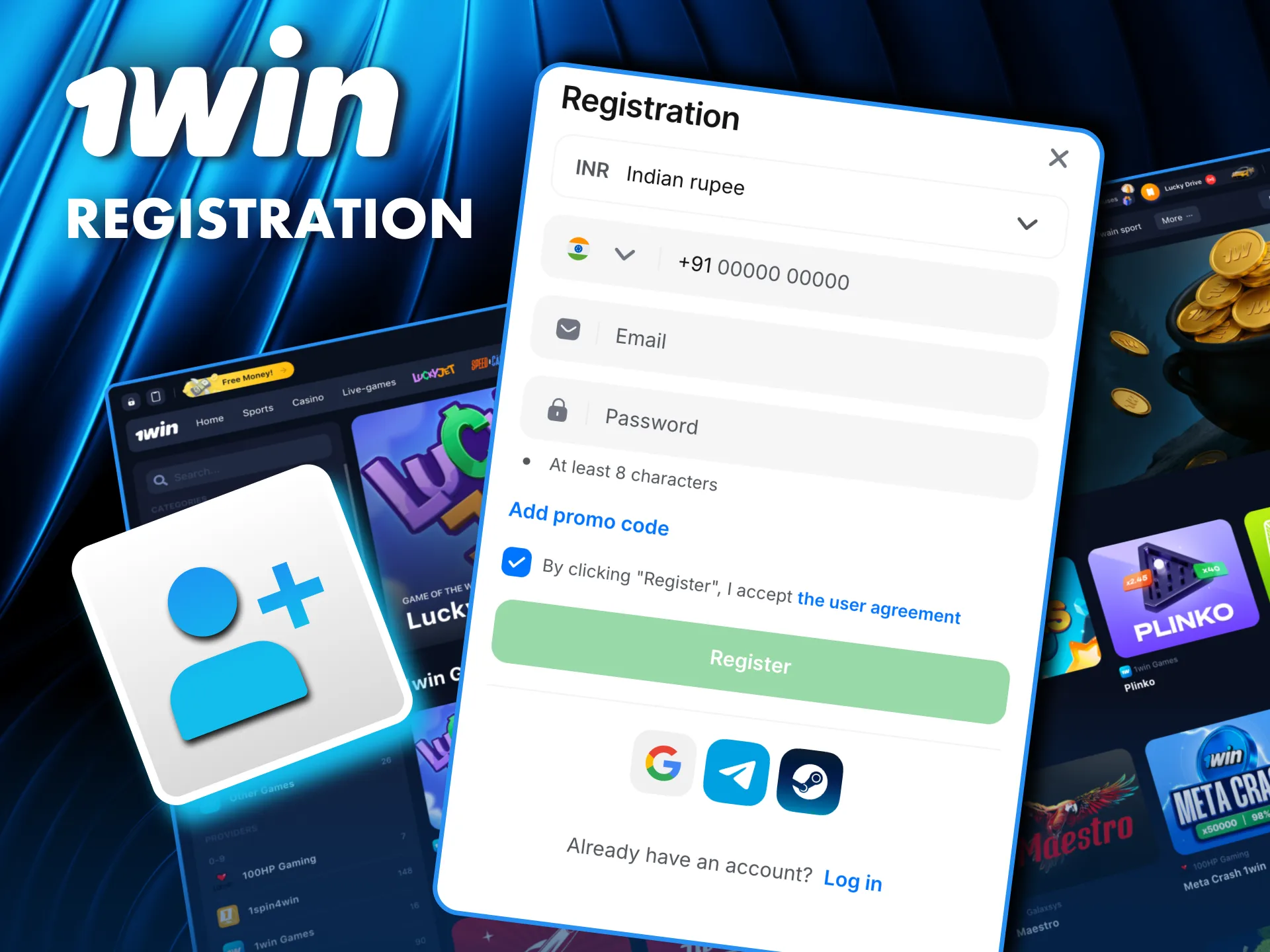 Create your 1Win account on PC enter your details, set a password, and start playing.