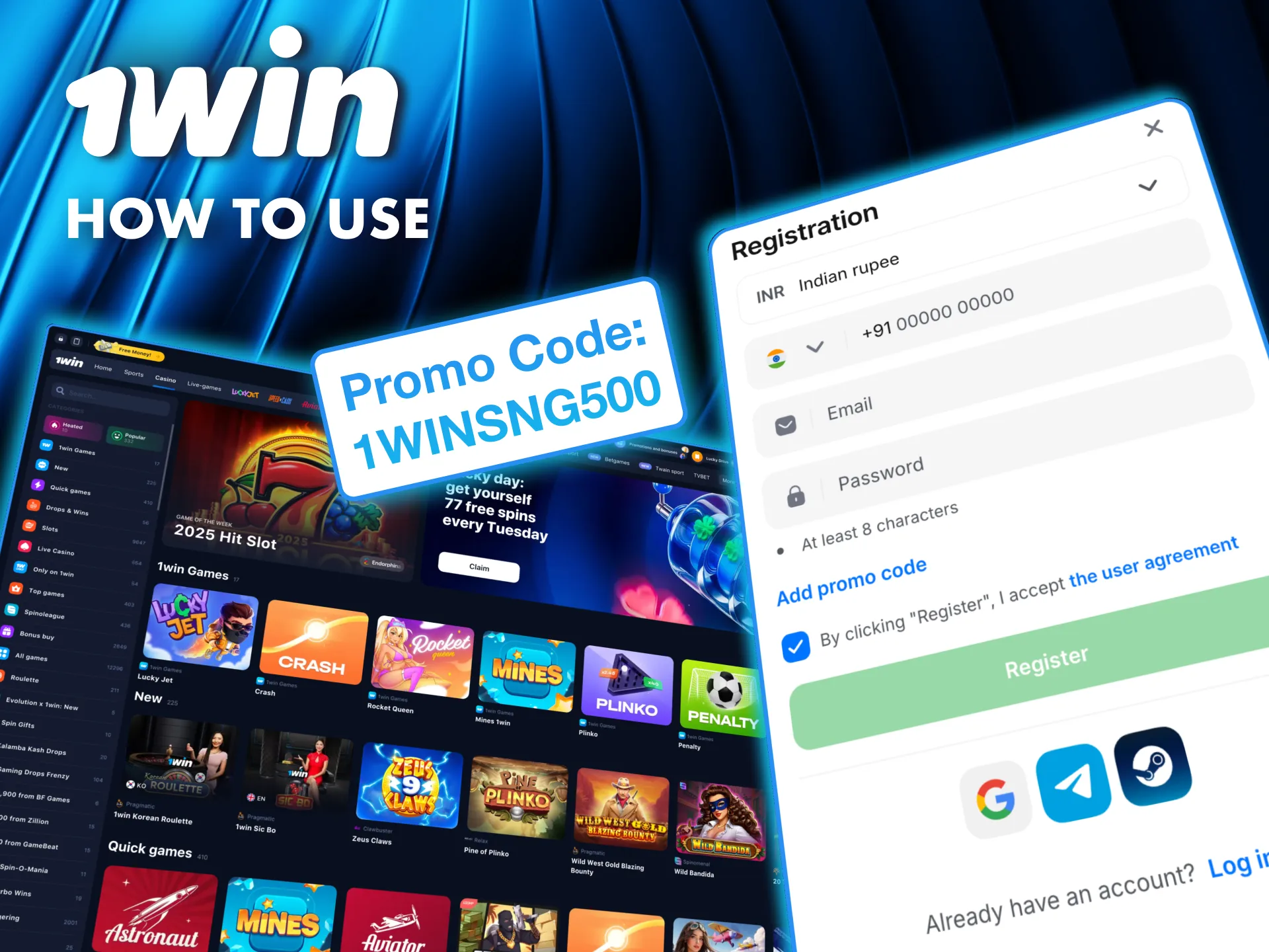 Claim your 1Win bonus by pasting the promo code in the registration form and confirming account.