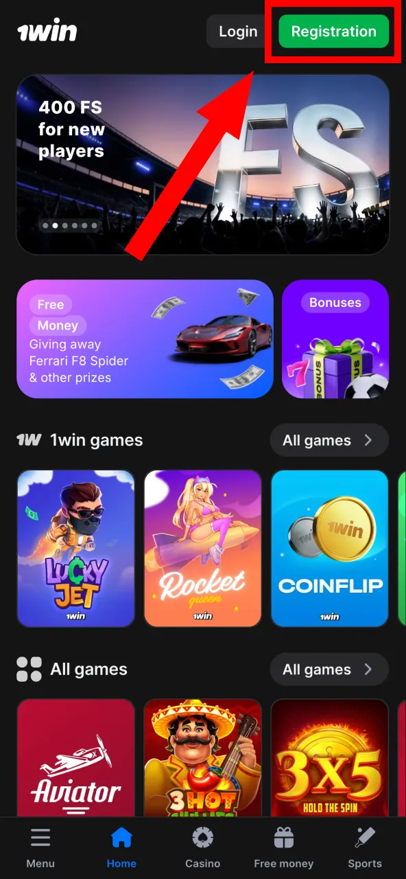 Open the 1Win application and click Register to create your account.