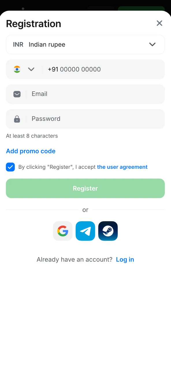Quick 1win account registration with mobile and email.